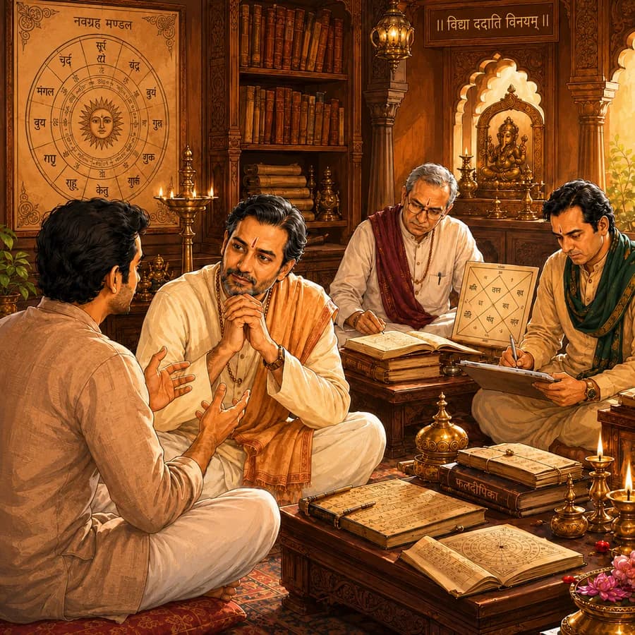 Static artwork of three Vedic pandit engines consulting charts and classical texts.