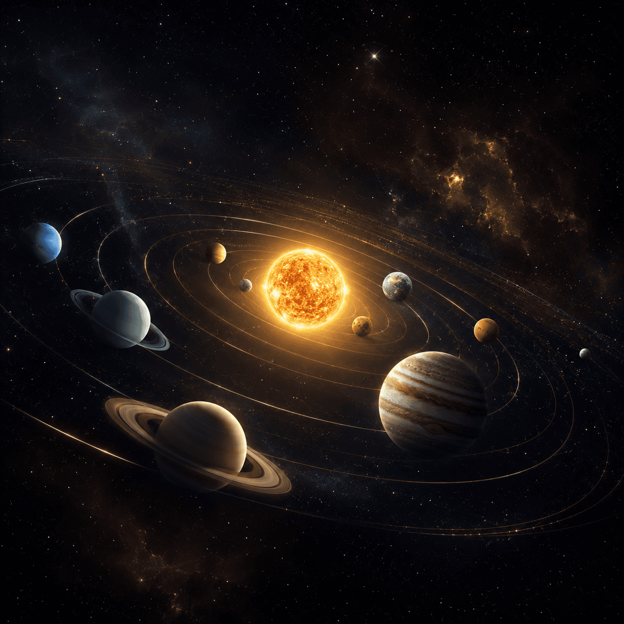 Static solar system artwork showing golden planetary orbits around a radiant solar core.